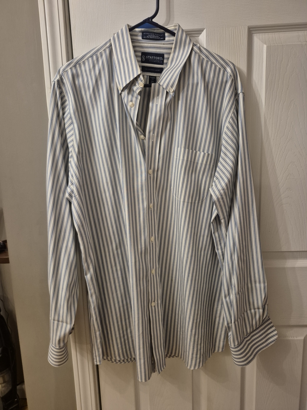 Stafford Men's White Shirt with Blue and Light Gray Stripes Size 17- 36-37 Like